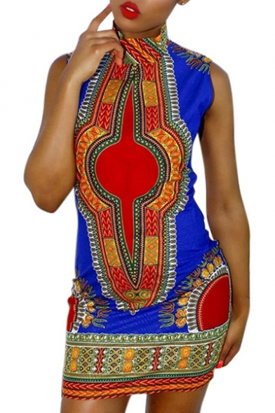 Women African Print Dress Casual Straight Bohemia Sleeveless Mini Dresses