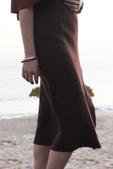Women's Fashion High Rise Slit Side Knit Pencil Midi Skirt