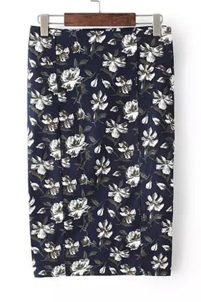 Women's High Rise Floral Print Slit Back Pencil Midi Skirt