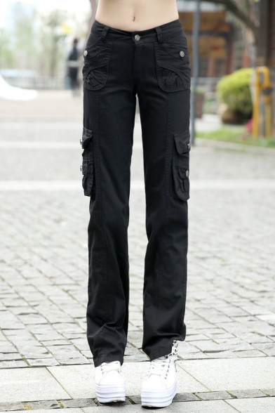 Women's Leisure Plain Sport Straight Pants with Pockets