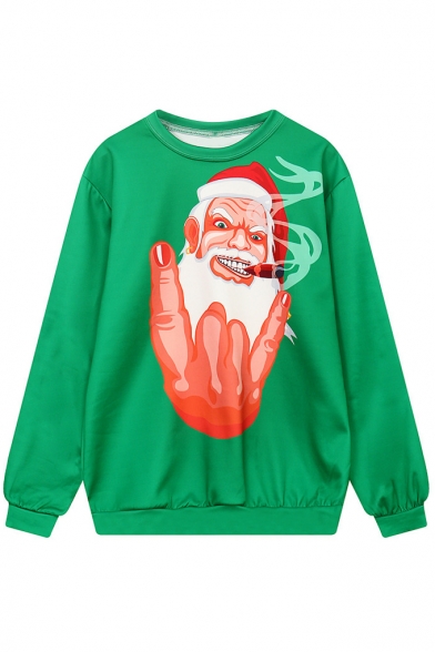 Funny Smoking Santa Claus Cartoon Printed Pullover Sweatshirt with Round Neck