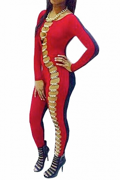 Long Sleeve Hollow Out Sexy Clubwear Women Bodycon Long Jumpsuit Rompers