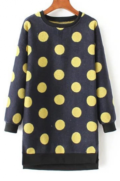 Lovely Polka Dots Split Sides Long Sleeve Round Neck Color Block Sweatshirt Dress