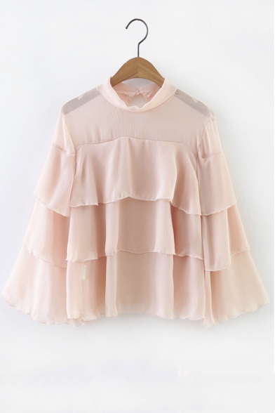 New Chic Sheer Multi-layered Ruffle Bell Sleeve Plain Blouse Top