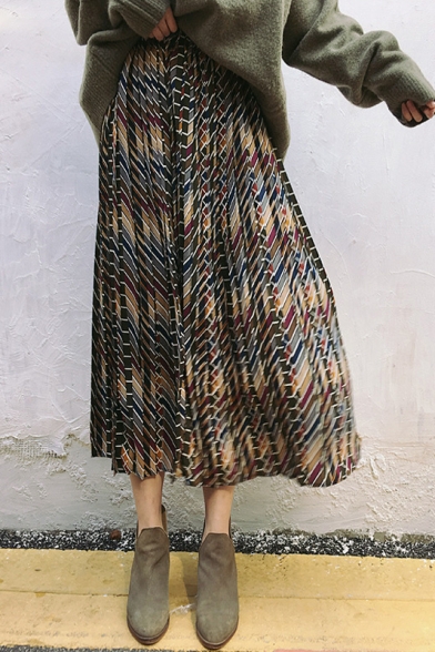 New Stylish Elastic Waist Maxi Color Block Pleated Skirt
