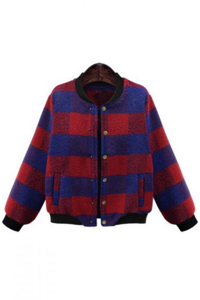 New Stylish Stand-Up Collar Plaid Single Breasted Color Block Bomber Jacket