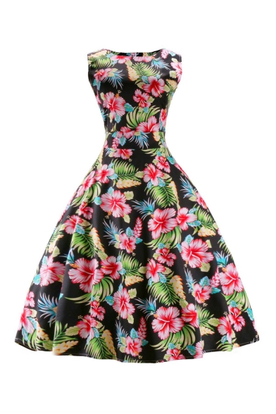 Retro Style Chic Elegant Floral Printed Sleeveless Color Block A-Line Dress