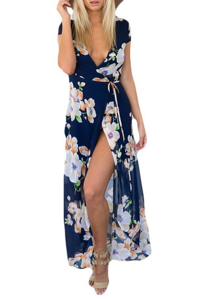 Women's Bohemian Floral Print Side Slit Long Maxi Dresses for Beach