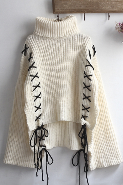 Women's Fashion Lace-Up Turtleneck Long Sleeve Oversize Sweater