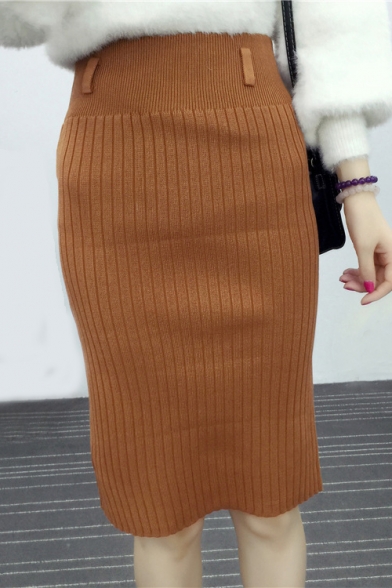 Women's High Rise Winter's Knit Plain Pencil Midi Skirt