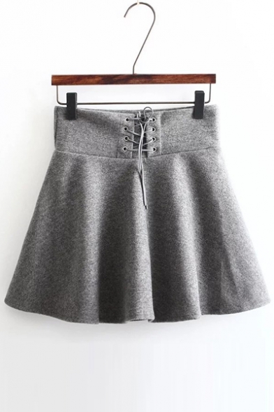 Women's Lace-Up Waist Solid Color A-Line Woolen Mini Skirt