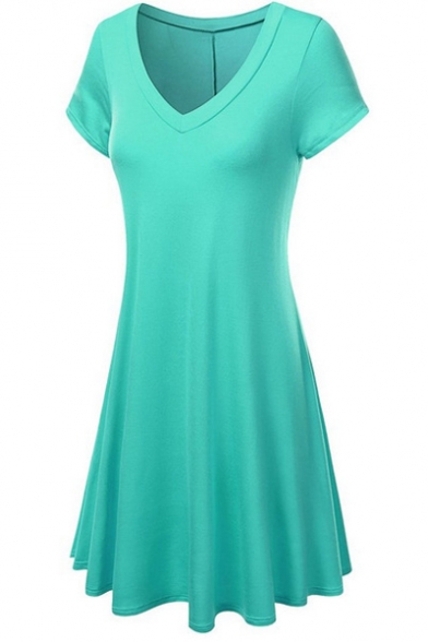 Women's V-Neck Short Sleeve Plain T-Shirt Midi Dress