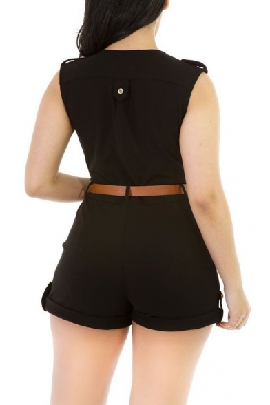 Women'Sexy Sleeveless Plunge V Neck Belted Short Jumpsuit Rompers
