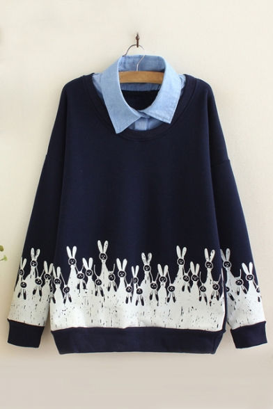 Lovely Fashion Contrast Rabbit Printed Lapel False Two-Pieces Pullover Sweatshirt