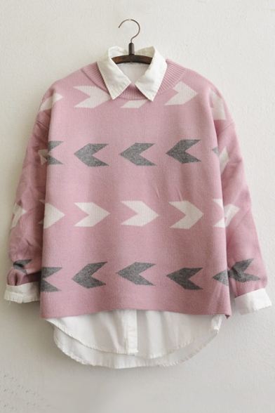 Peppy Style Arrow Pattern High Low Hem Long Sleeve Color Block Sweater