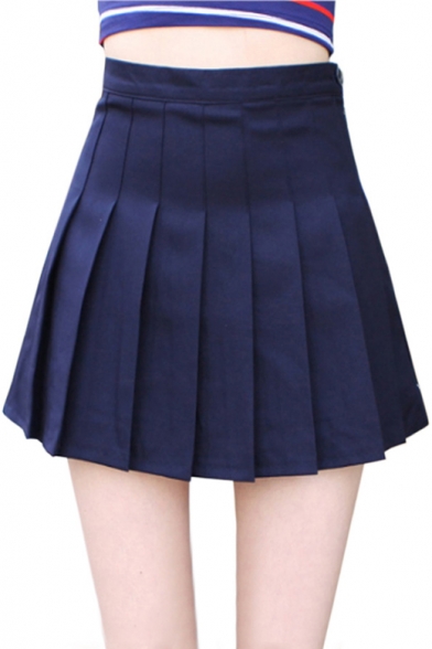 Plain High Waist Zip Side Mini A-Line Pleated Skirt with Button