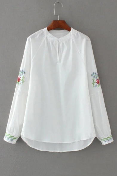 Stand-Up Collar Embroidery Floral in Raglan Long Sleeve High Low Blouse Top