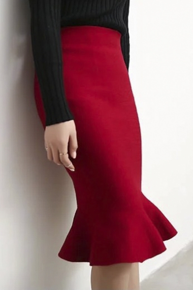 Women's Fashion High Rise Fishtail Hem Knit Plain Pencil Midi Skirt