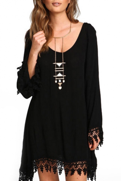 Women's Long Sleeve Lace Embellished Beach Cover Up Loose Dress