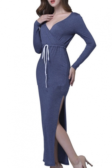 Women's Sexy V-Neck Long Sleeve Drawstring Waist Slit Side Maxi Dress