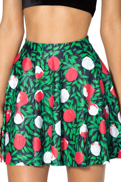 Creative Floral 3D Printed Color Block A-Line Skirt