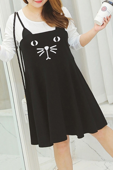 Cute Oversized Cat Face Printed Long Sleeve  Color Block A-line Dress