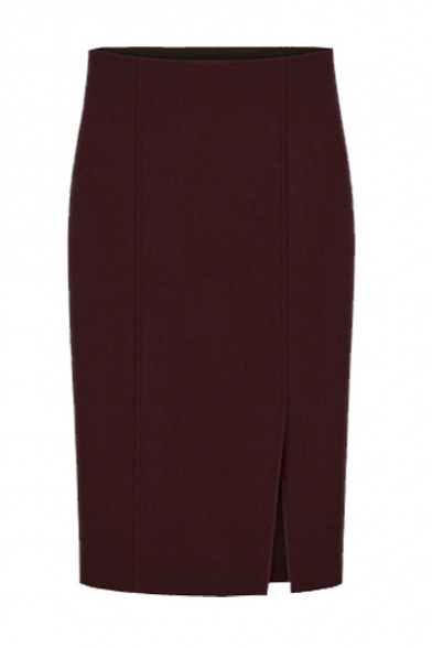 Office Lady High Rise Plain Slit Side Wrap Pencil Woolen Midi Skirt