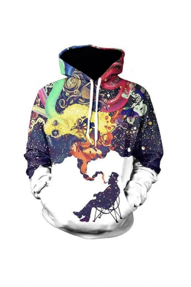 Unisex Drawstring Hooded 3D Printed Color Block Long Sleeve Hoodie Sweatshirt