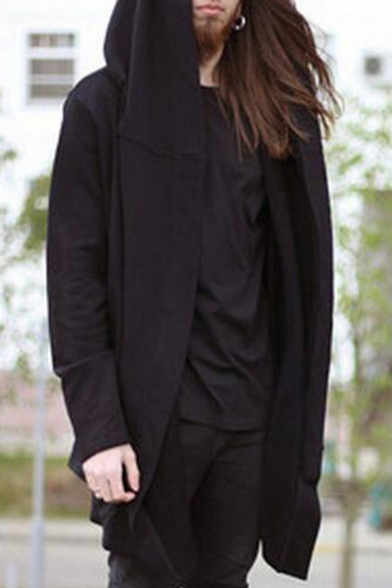 Unisex Plain Hooded Long Sleeve Drawstring Waist Tunic Cape with Two Pockets
