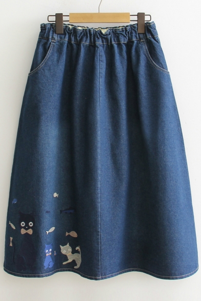 Women's Elastic Waist Cat Embroidery Denim A-Line Midi Skirt