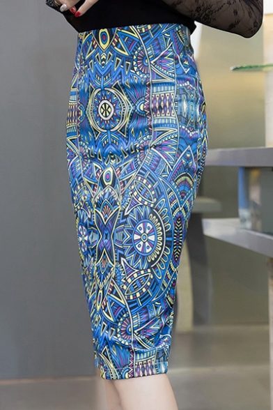 Women's Fashion Geometric Print High Rise Pencil Midi Skirt