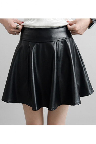 Women's Fashion Plain Leather PU A-Line Skirt - Beautifulhalo.com