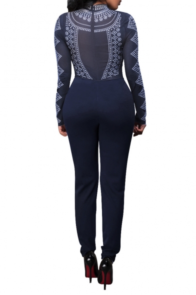 Women's Long Sleeve Sheer Rhinestone Bodycon Clubwear Jumpsuit Romper
