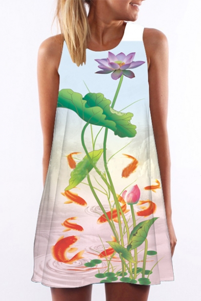 Women's Round Neck Sleeveless Digital Print Tank Top Mini Swing Dress