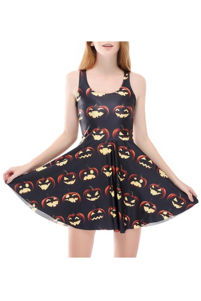 Women's Scoop Neck Sleeveless Pumpkin Print Mini Skater Dress