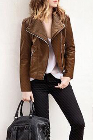 Cool Women's Collarless Long Sleeve Zipper Placket Plain PU Jacket