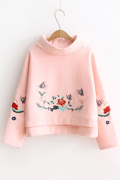 Fashion Butterfly Embroidery Mock Neck Long Sleeve Casual Sweatshirt