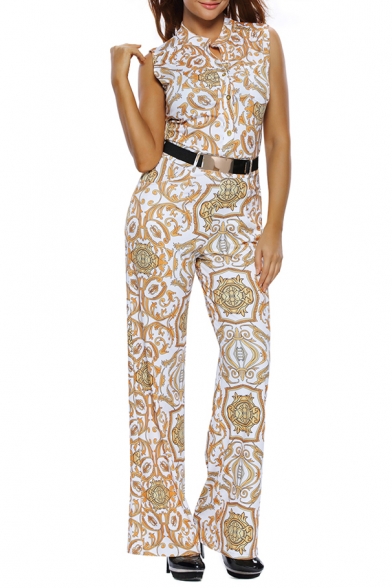 Fashion Women's Sleeveless Printed Belt Waist Wide Leg Jumpsuits with Button Front