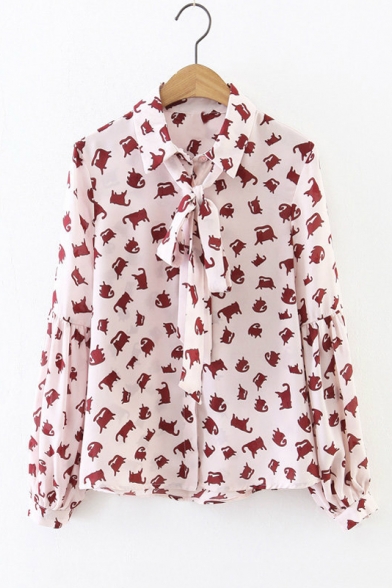 Cute Contrast Cat Printed Lapel Single Breasted Lantern Long Sleeve Tied Neck Button Down Shirt
