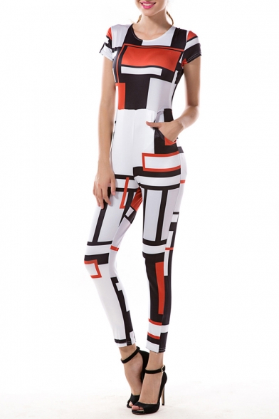 Fashion Round Neck Short Sleeve Square Color Block Printed Jumpsuits