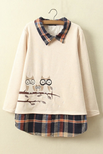 New Owl Printed Plaid Lapel and Hem False Two-Piece Pullover Sweatshirt