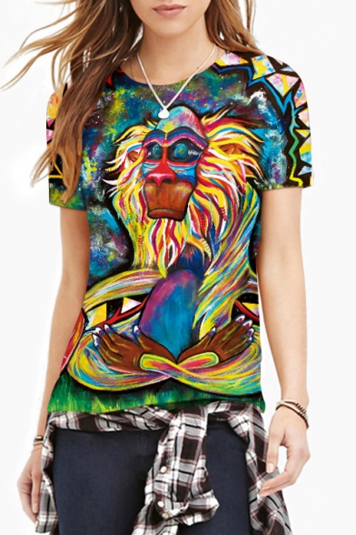 Women's Fashion Graffiti Monkey Print Round Neck Short Sleeve Basic T-Shirt