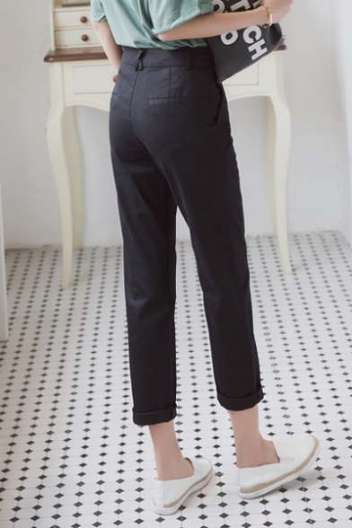Women's Leisure Button Fly Closure Plain Skinny Pants