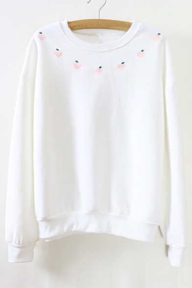 Women's Round Neck Long Sleeve Apple Embroidery Sweatshirt