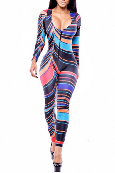 Color Block Striped Scoop Neck Long Sleeve Jumpsuits with Zip Front