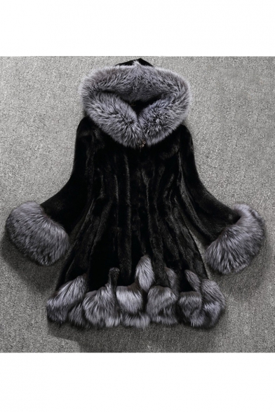 New Stylish Hooded Contrast Trim Faux Fur Tunic Coat - Beautifulhalo.com