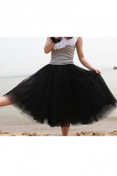 Plain Fashion Multi-Layered Mesh Midi Swing Bubble Skirt