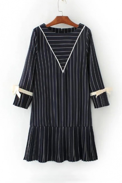 Striped Printed Long Sleeve Ruffle Hem Mini Dress with Bow in Cuffs