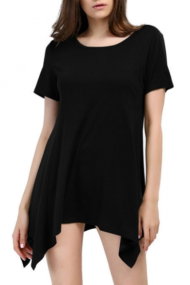 Women's Fashion Scoop Neck Short Sleeve Asymmetrical Hem T-Shirt Casual Dress