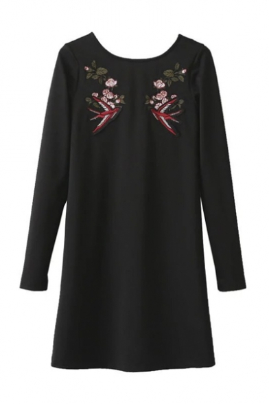 Women's Round Neck Long Sleeve Floral Bird Embroidery Casual Shift Dress
